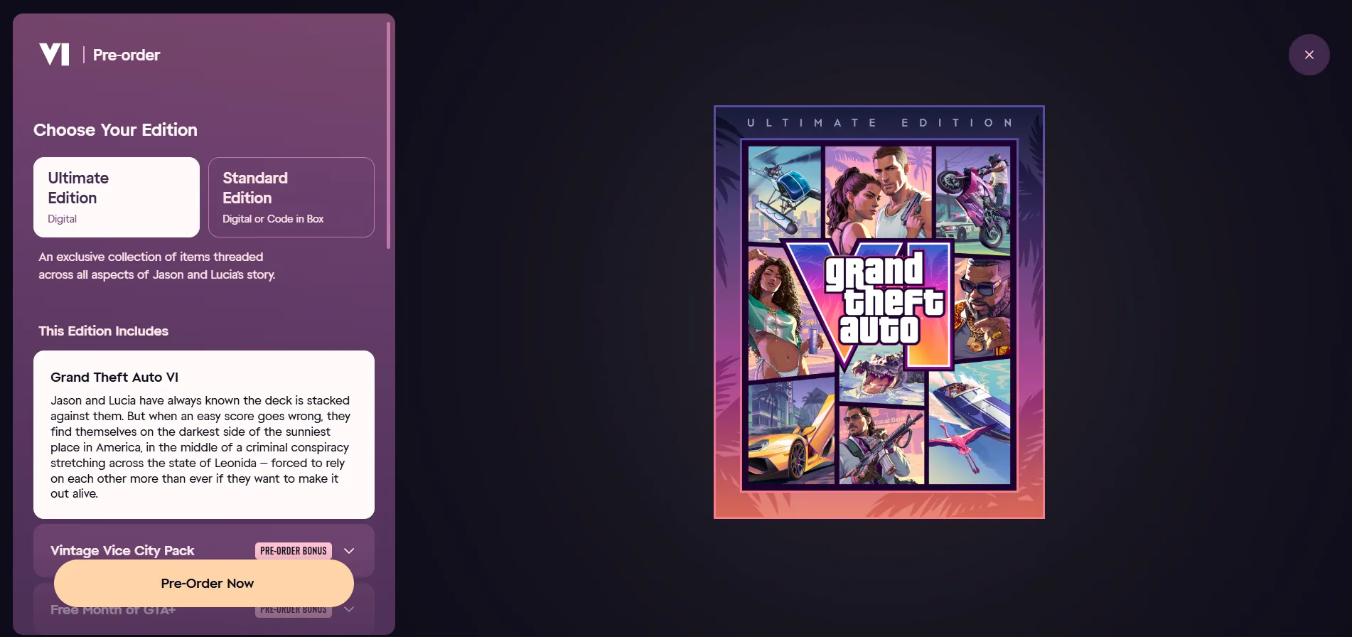 Official GTA VI preorder interface comparing the Ultimate Edition and Standard Edition