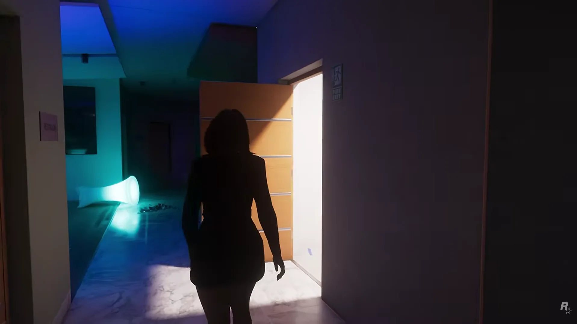 A character walking toward a bright doorway from a dark GTA VI interior