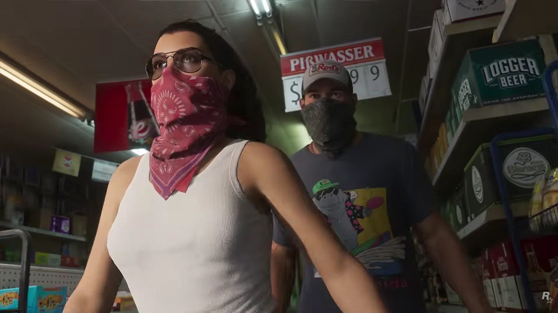 Masked Lucia and Jason inside a small store