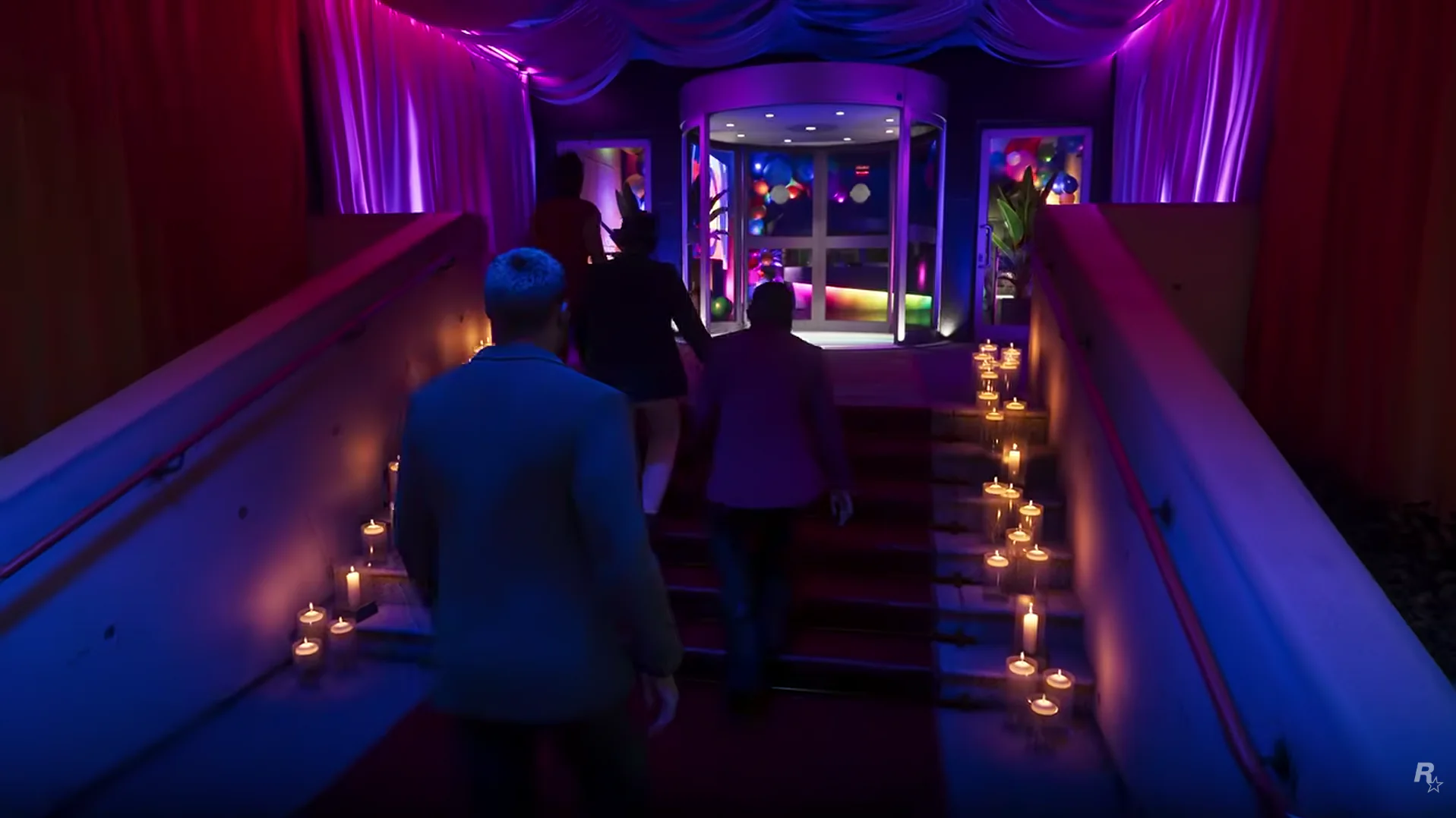 A GTA VI nightclub staircase lit by neon and candles